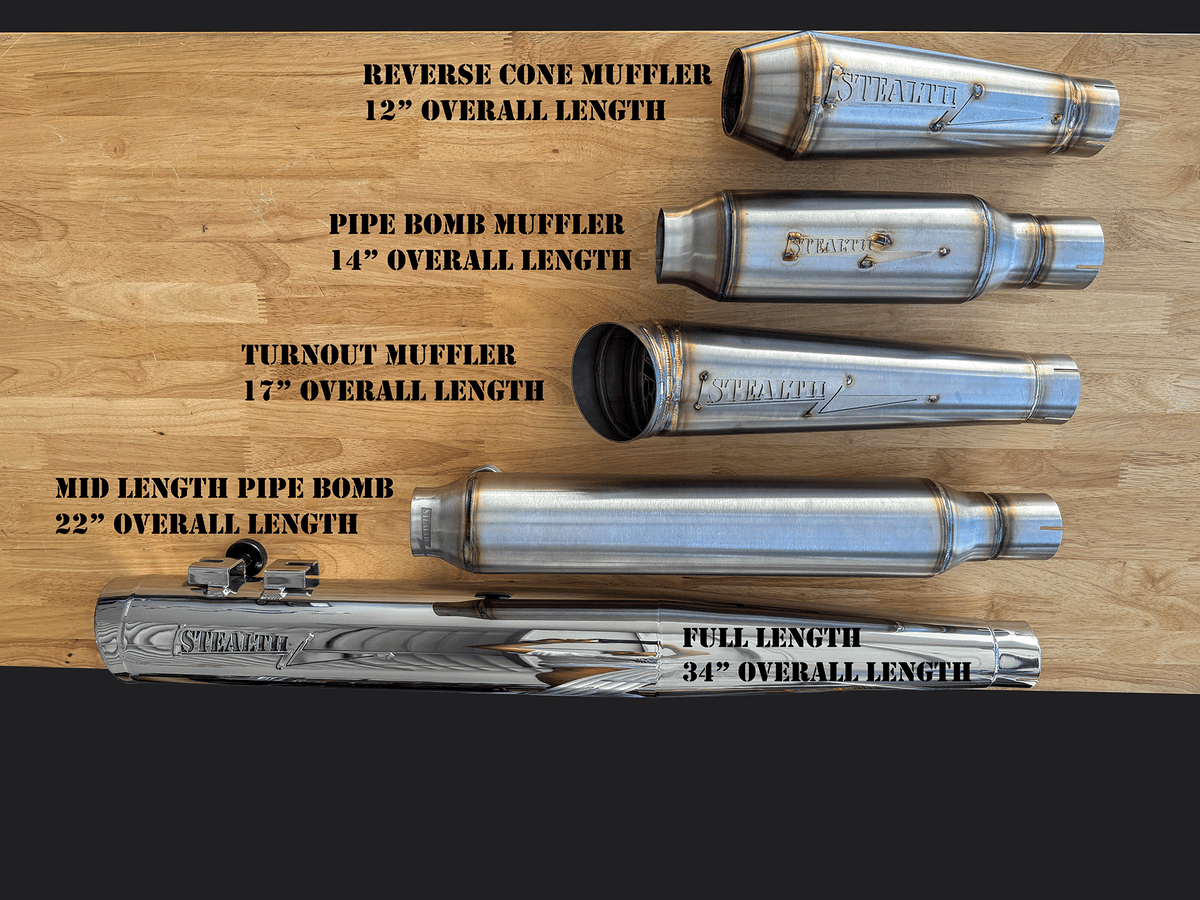 All Stealth Pipes Mufflers with Overall Lengths Reverse Cone Pipe Bomb Turnout Mid Length Full Length, photo 17 of 36