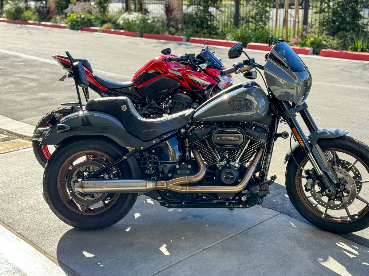 Stealth Pipes exhaust system installed on Harley M8 Softail – rear-side view of muffler and headers (2017–2025), photo 30 of 36