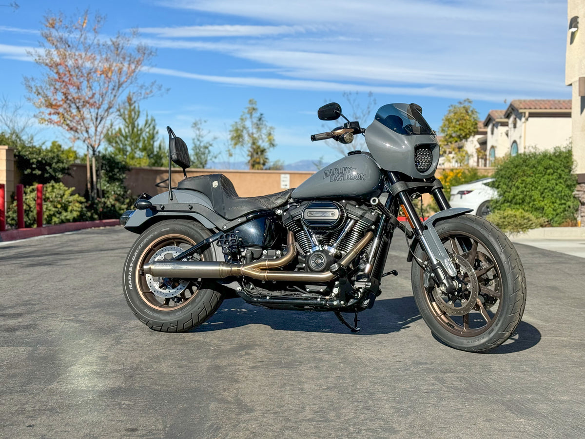 Grey Harley-Davidson M8 Softail with a Stealth 2-into-1 stainless exhaust