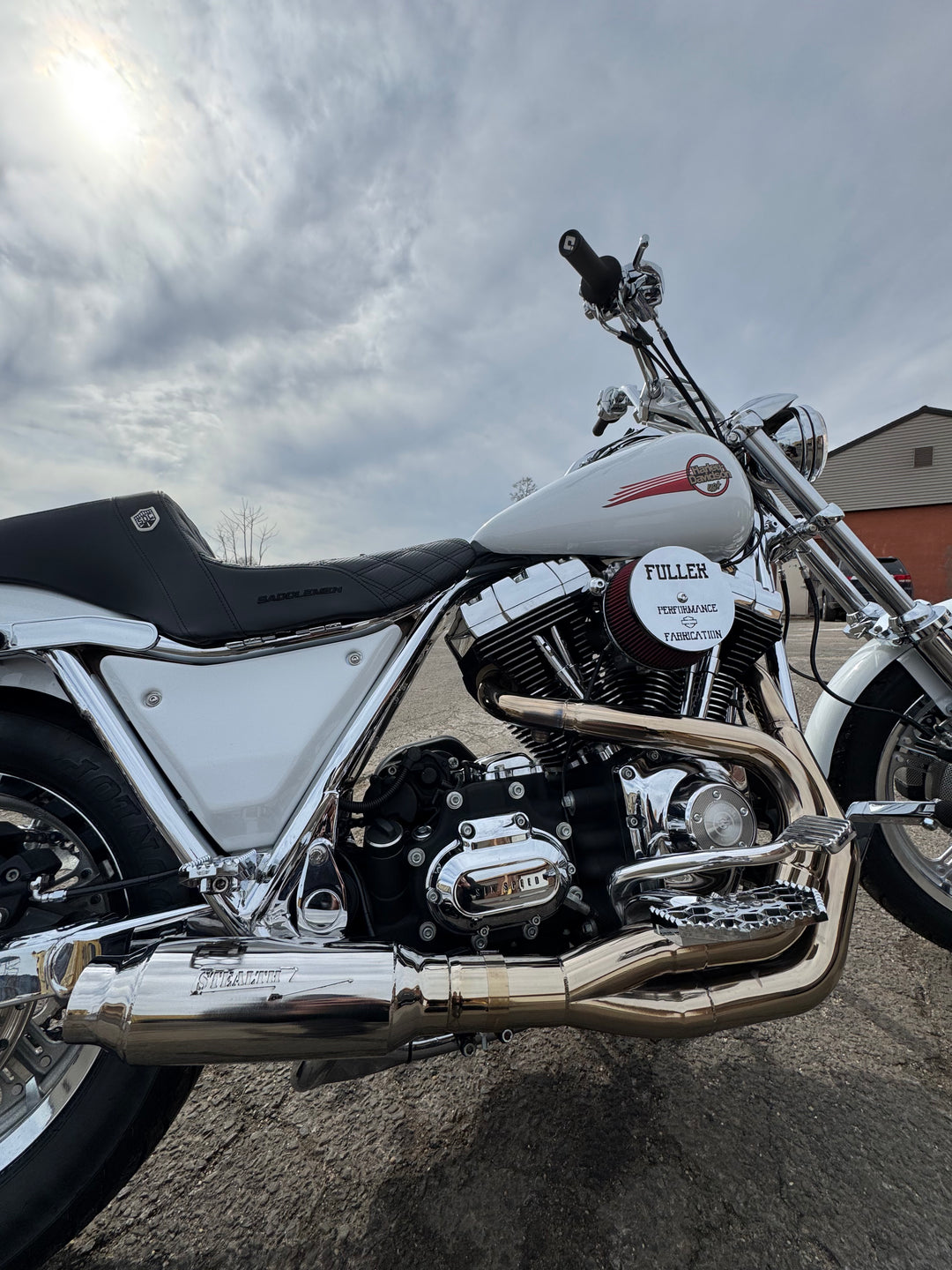 Stealth Pipes exhaust system on Harley FXR – rear angle, stainless muffler upgrade for 1985–1994 models