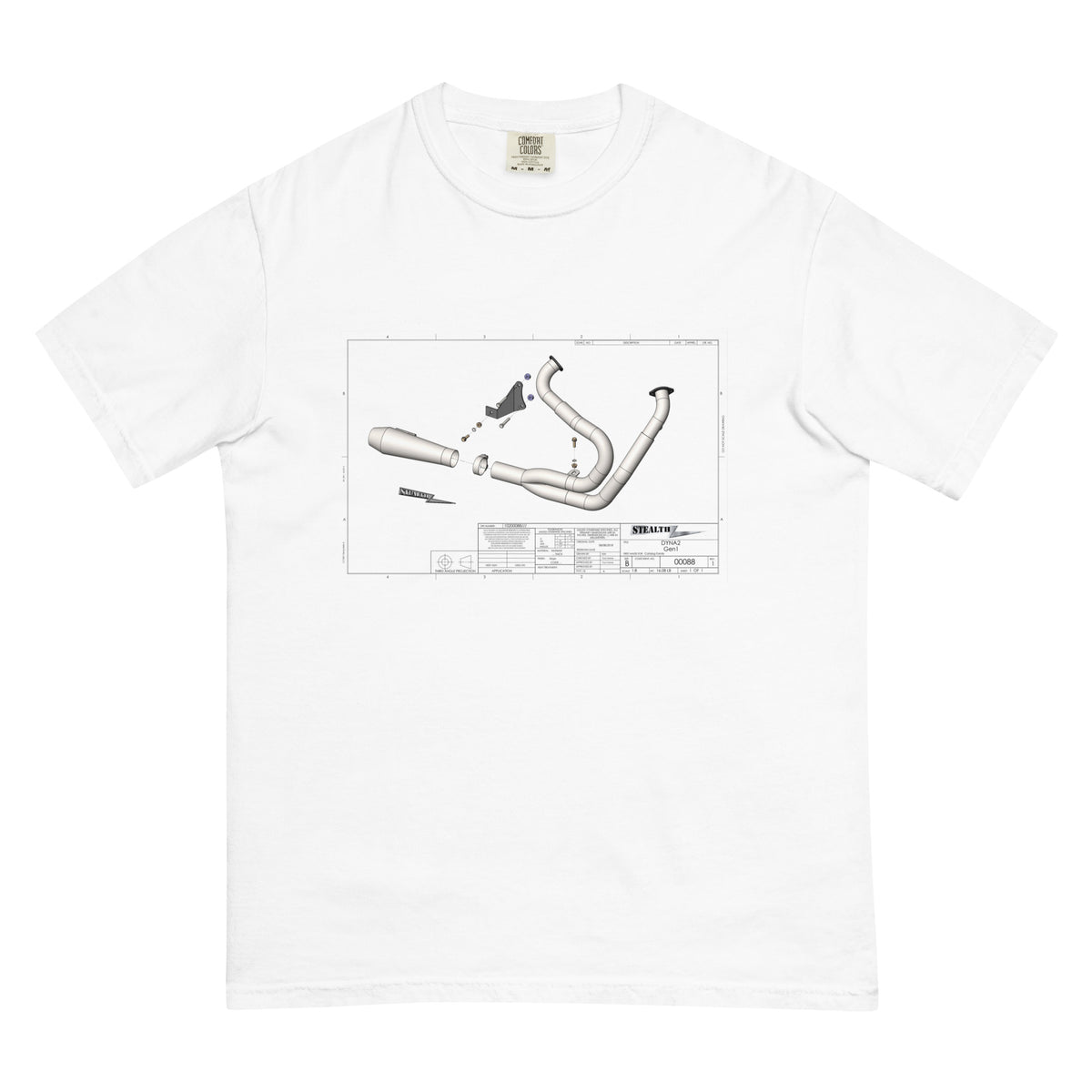 Stealth Pipes Get Assembled T-shirt in white – graphic motorcycle exhaust print, photo 2 of 3