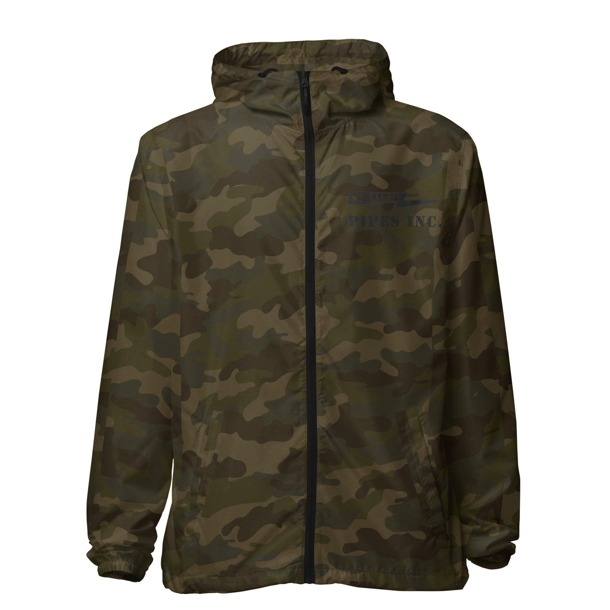 A high-visibility camo windbreaker with 'STEALTH RIDER' text on the back, featuring a hood, zippered front, and welt pockets., photo 11 of 24