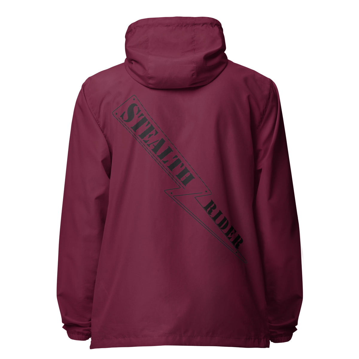 A high-visibility red windbreaker with 'STEALTH RIDER' text on the back, featuring a hood, zippered front, and welt pockets., photo 8 of 24