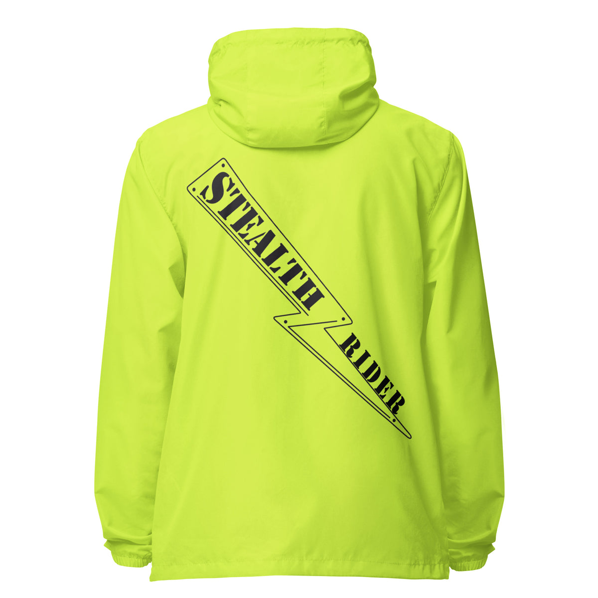 A high-visibility yellow windbreaker with 'STEALTH RIDER' text on the back, featuring a hood, zippered front, and welt pockets., photo 2 of 24