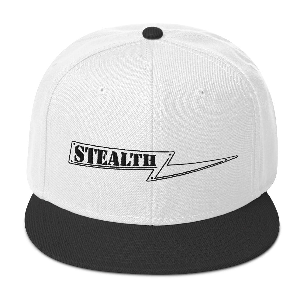 Overhead angle of white Stealth Pipes snapback showing structured crown, photo 2 of 7