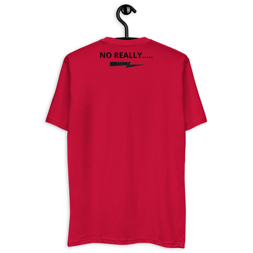 Back of red No Really T-shirt with Stealth Pipes Inc. logo, photo 4 of 8